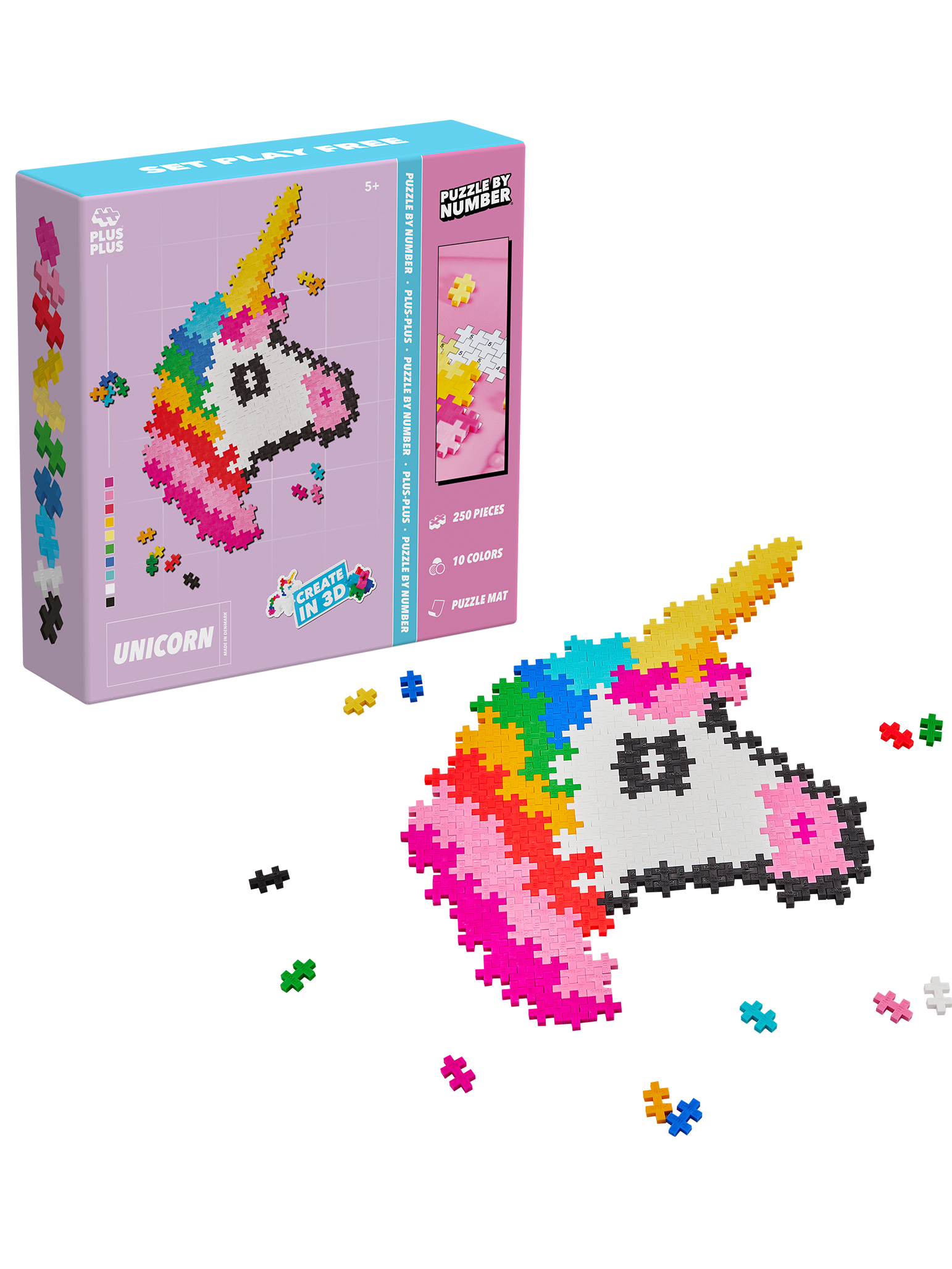 Plus-Plus Puzzle By Number Enhörning med 250 färgglada bitar och guide – skapa en vacker enhörning genom att matcha siffror och färger i ett kreativt och roligt byggprojekt